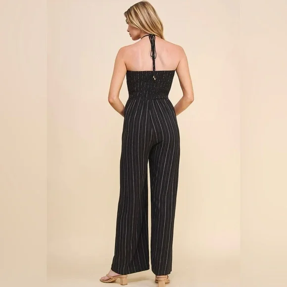 BNWT! Allie Rose, Harlow Halter Tie Jumpsuit in Black, Washed Pinstripe - Picture 3 of 12
